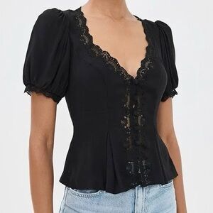 Reformation Minette Lace Button Up Front Puff Sleeve Top